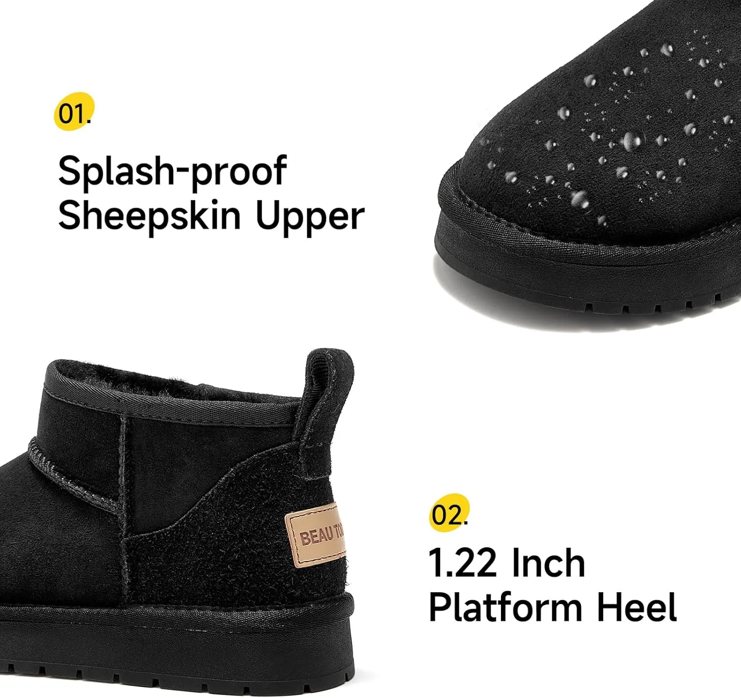 BEAU TODAY Womens Platform Ankle Boots Genuine Sheepskin Mini Boots for Women Comfortable Anti-Slip Snow Boots Pull-on Walking Winter Boots Outdoors