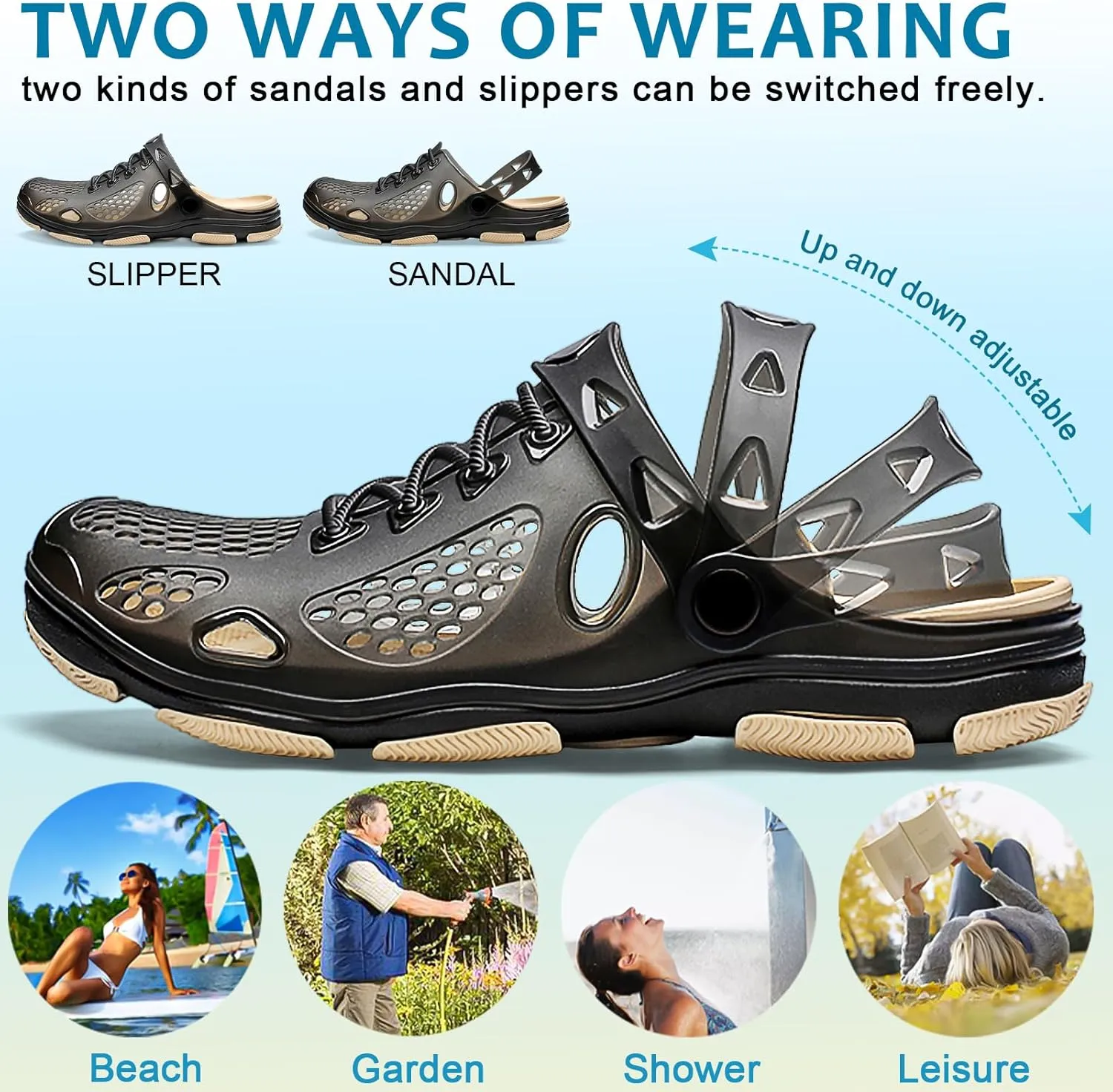 beister Mens Clogs Non Slip Water Shoes with Adjustable Strap, Lightweight Slip on Mules Garden