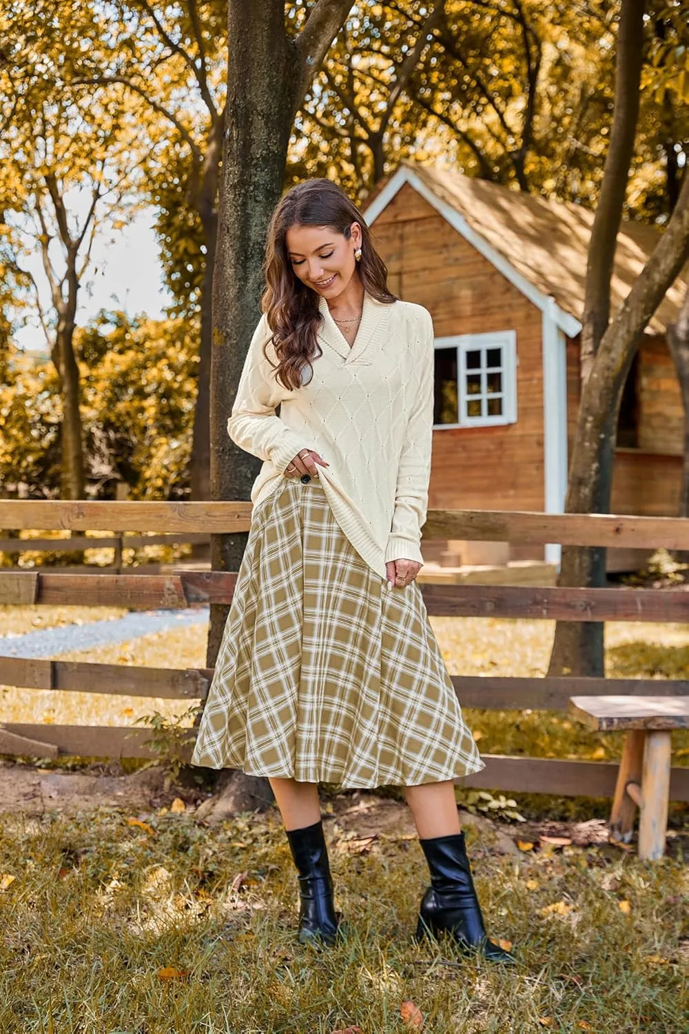 Belle Poque Vintage Plaid Skirt for Women High Waisted Midi A-line Skirts Pleated Skirt with Pockets
