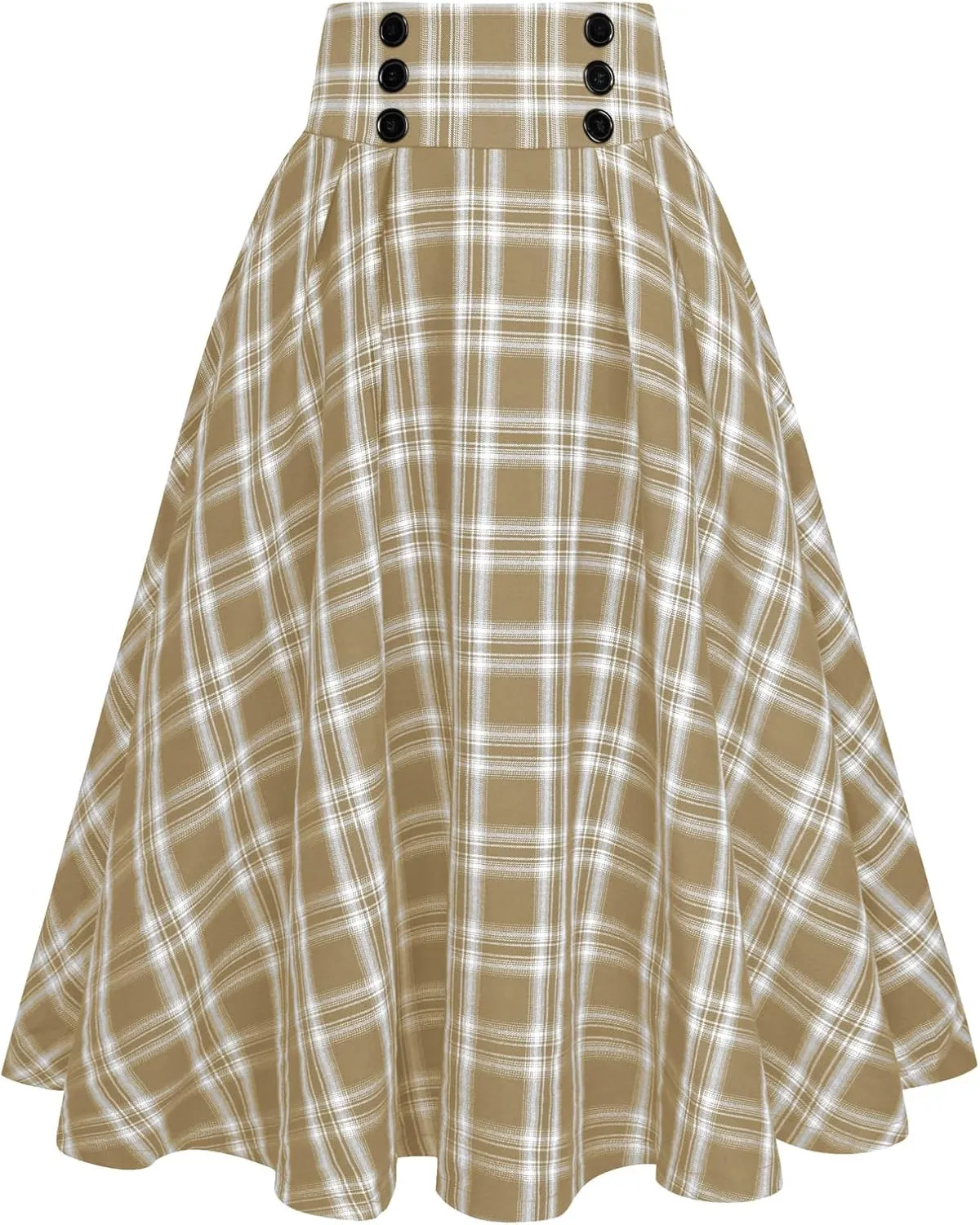 Belle Poque Vintage Plaid Skirt for Women High Waisted Midi A-line Skirts Pleated Skirt with Pockets