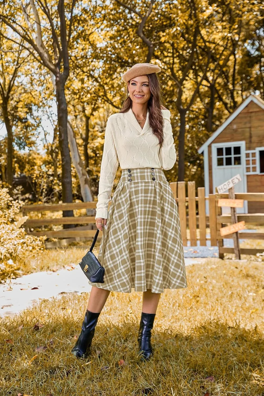 Belle Poque Vintage Plaid Skirt for Women High Waisted Midi A-line Skirts Pleated Skirt with Pockets