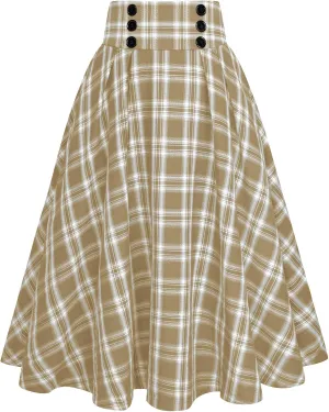 Belle Poque Vintage Plaid Skirt for Women High Waisted Midi A-line Skirts Pleated Skirt with Pockets