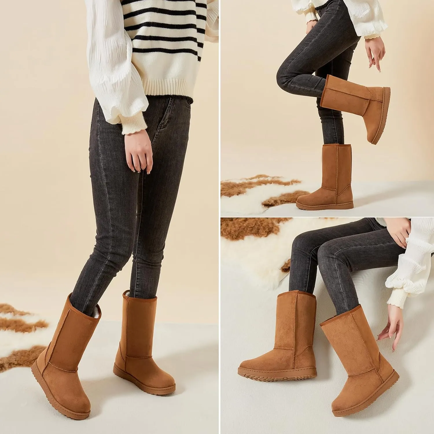 BENPAO Winter Snow Boots for Women Warm Mid Calf Boots Black Fuzzy Boots Comfortable Fur Lined Booties