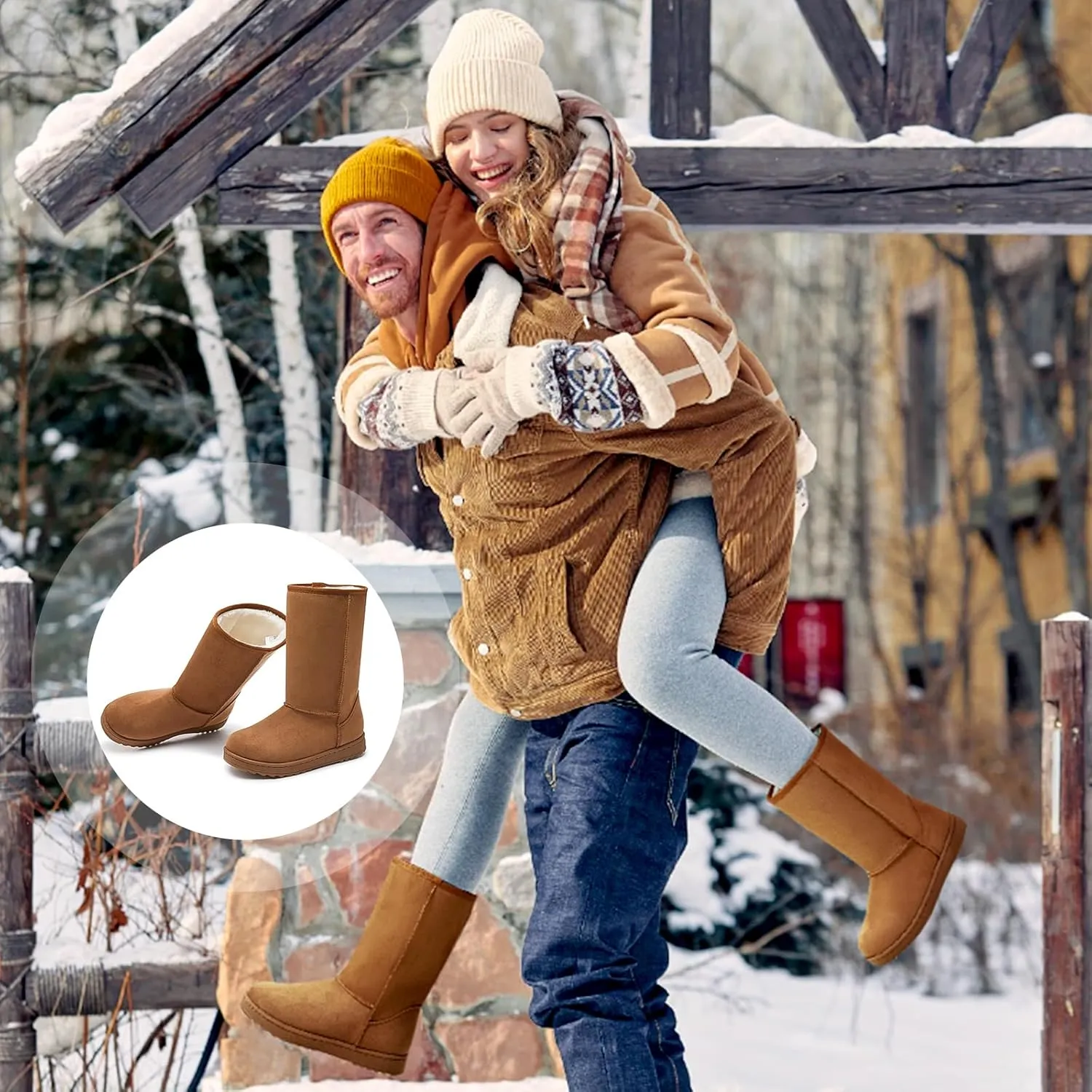 BENPAO Winter Snow Boots for Women Warm Mid Calf Boots Black Fuzzy Boots Comfortable Fur Lined Booties