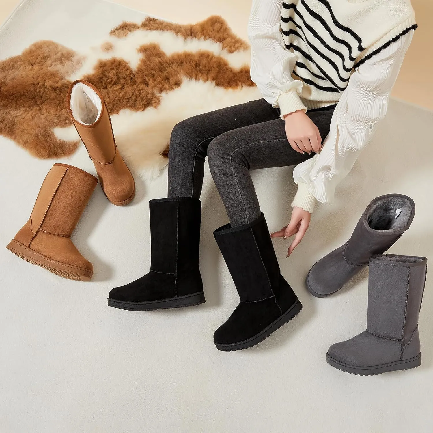 BENPAO Winter Snow Boots for Women Warm Mid Calf Boots Black Fuzzy Boots Comfortable Fur Lined Booties