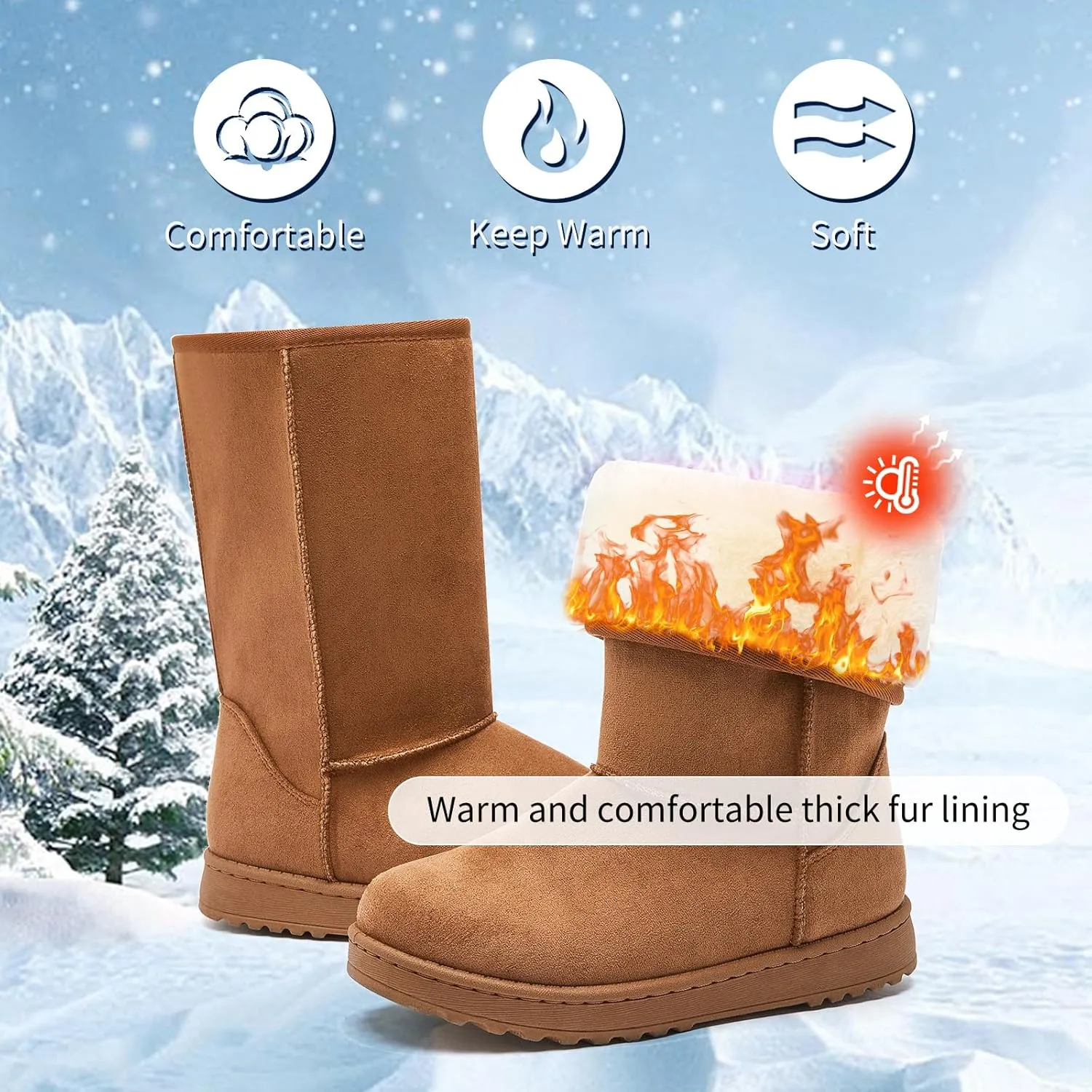 BENPAO Winter Snow Boots for Women Warm Mid Calf Boots Black Fuzzy Boots Comfortable Fur Lined Booties