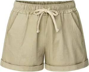 Bermuda Shorts for Women Cotton Linen Comfy Plus Size Elastic Waist Knee Length Travel Shorts for Summer Walking Beach