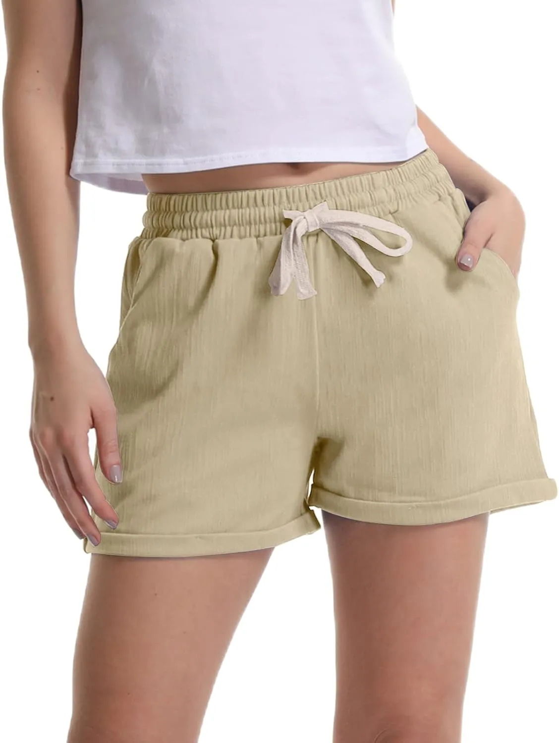Bermuda Shorts for Women Cotton Linen Comfy Plus Size Elastic Waist Knee Length Travel Shorts for Summer Walking Beach