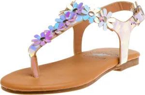 Beverly Hills Girls Leatherette T-Strap Slingback with Flowers Appliques Flat Sandal (Toddler), Silver Holog, 8