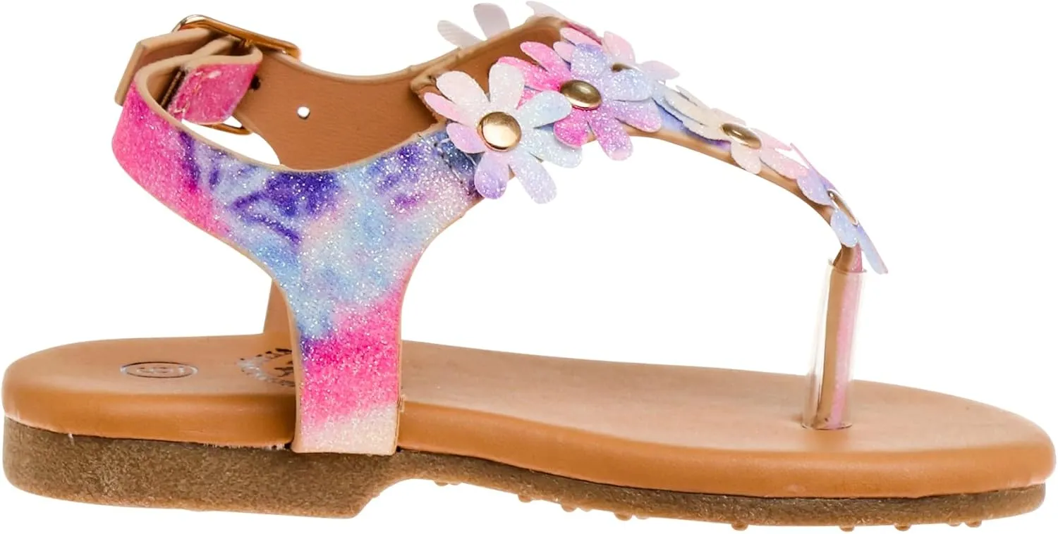 Beverly Hills Polo Club Girl's Leatherette T-Strap Slingback with Flowers Appliques Flat Sandal (Toddler)