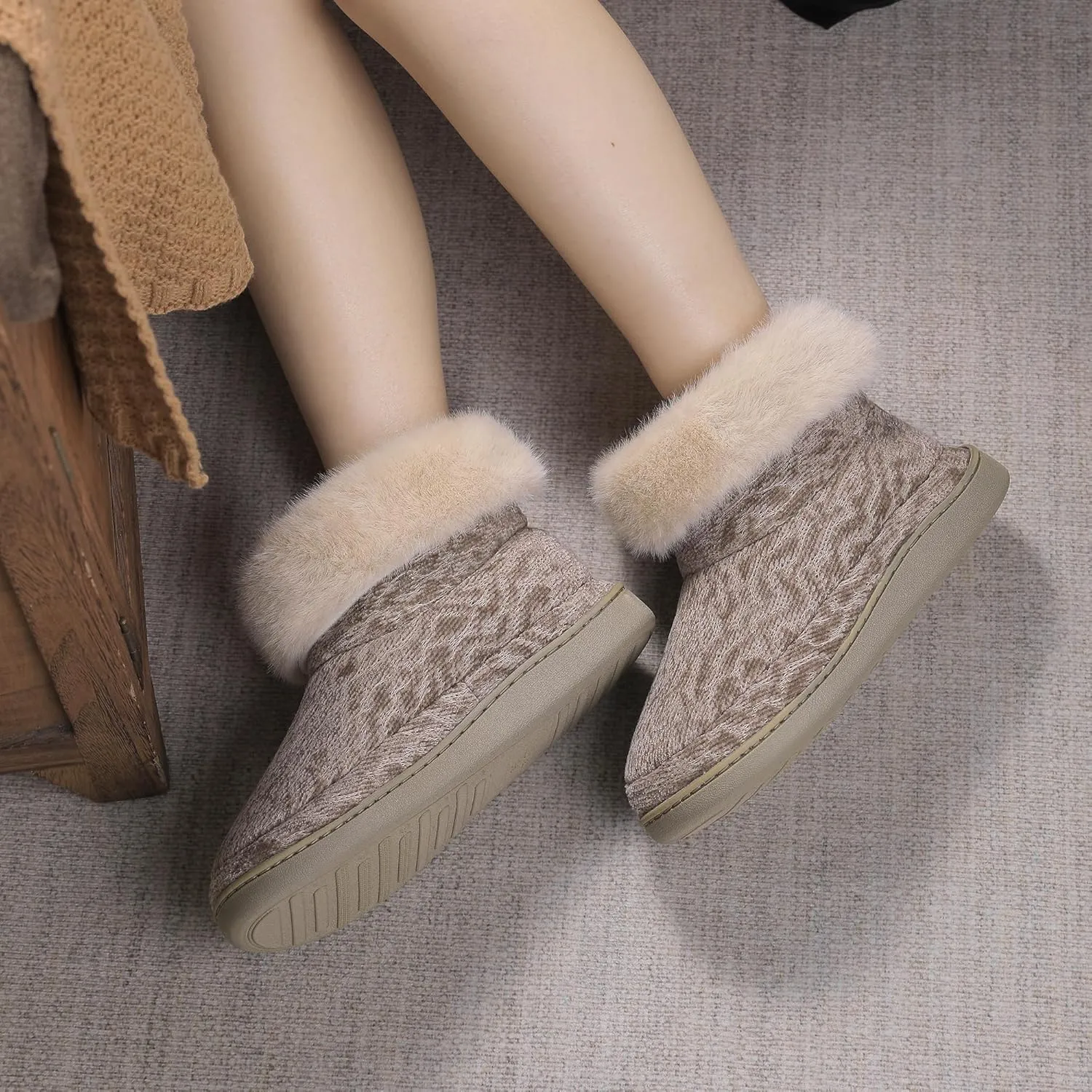 Bigwow Women's Bootie Slippers Fuzzy Lined Knit Ankle Boots Cozy House Slipper Non-Slip Warm Indoor Outdoor Booties Shoes with Plush Collar