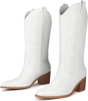 Black Cowboy Boots for Women Knee High - Women's Tall Embroidered Cowboy Boots Chunky Heel Pointed Toe Western Country Boots