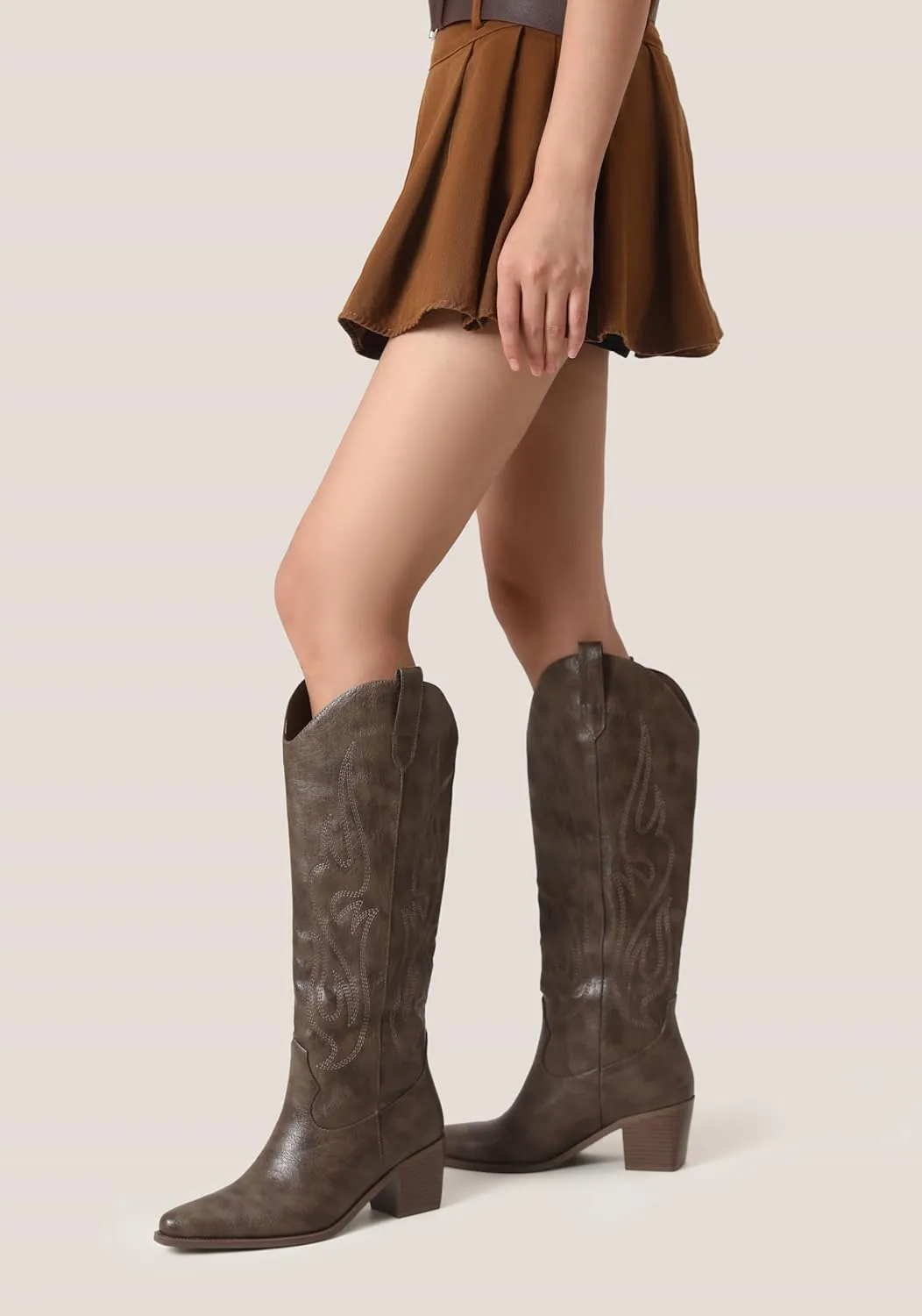 Black Cowboy Boots for Women Knee High - Women's Tall Embroidered Cowboy Boots Chunky Heel Pointed Toe Western Country Boots