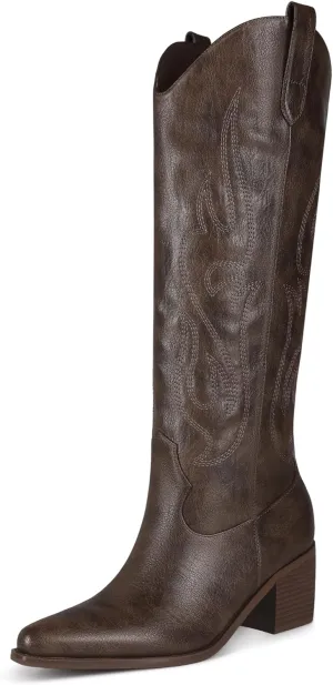 Black Cowboy Boots for Women Knee High - Women's Tall Embroidered Cowboy Boots Chunky Heel Pointed Toe Western Country Boots