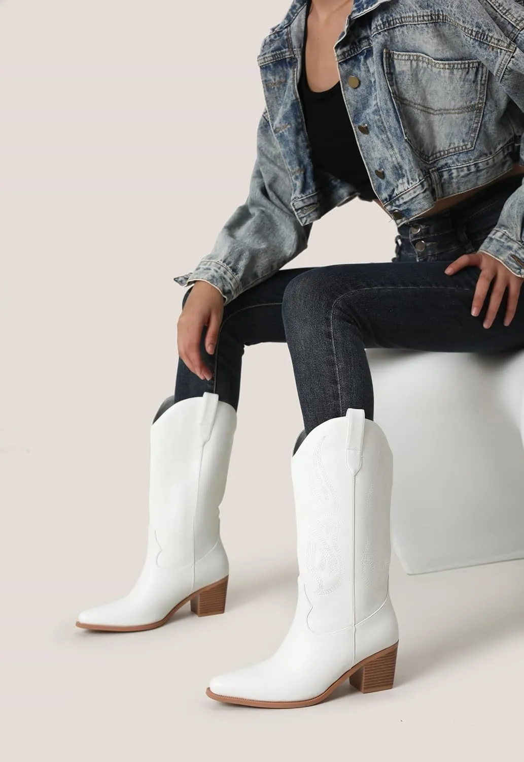 Black Cowboy Boots for Women Knee High - Women's Tall Embroidered Cowboy Boots Chunky Heel Pointed Toe Western Country Boots