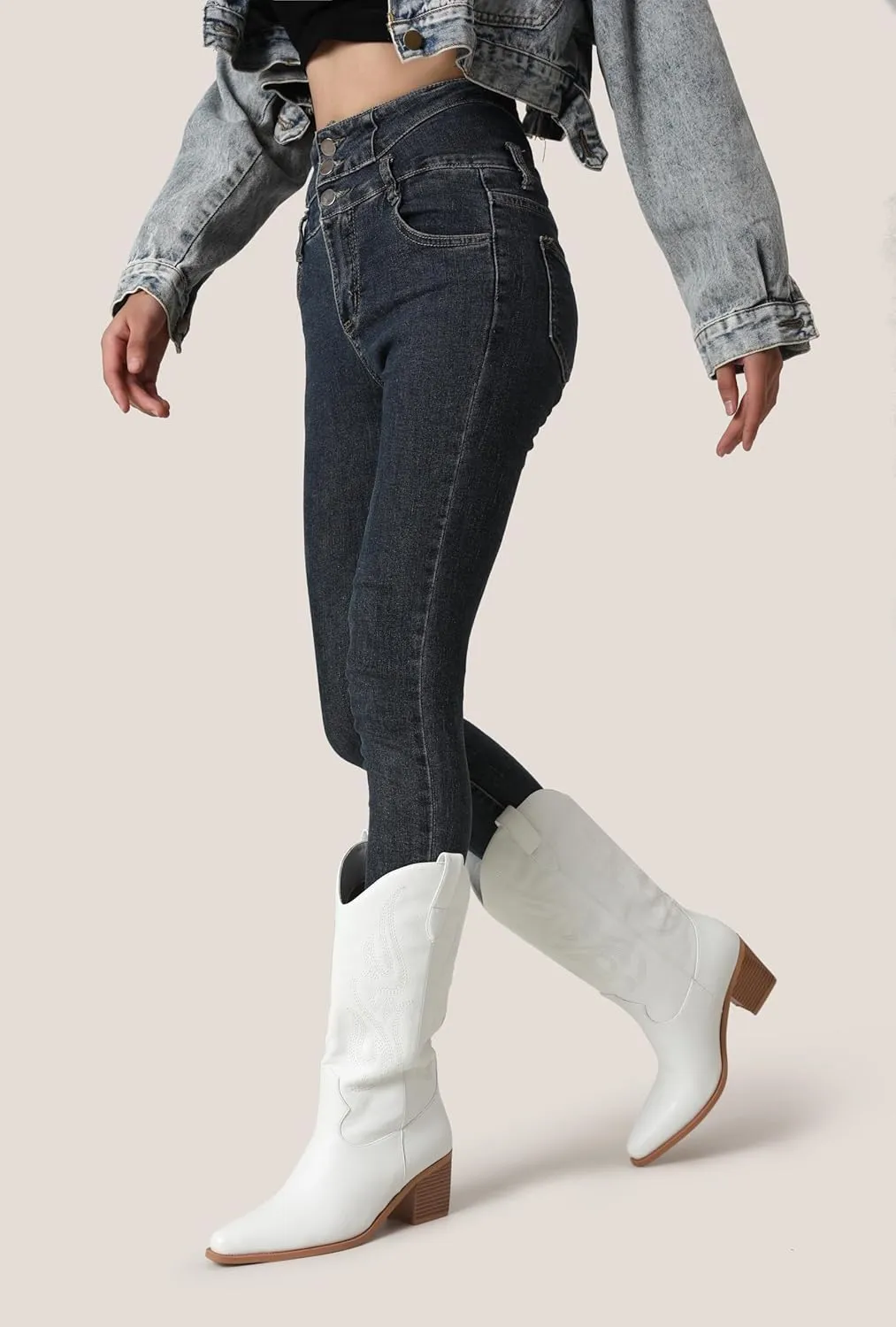 Black Cowboy Boots for Women Knee High - Women's Tall Embroidered Cowboy Boots Chunky Heel Pointed Toe Western Country Boots
