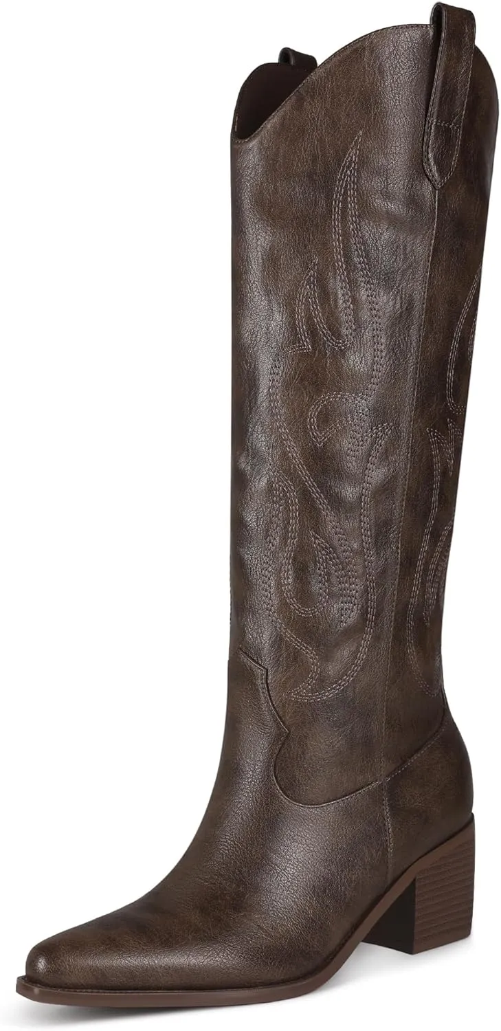 Black Cowboy Boots for Women Knee High - Women's Tall Embroidered Cowboy Boots Chunky Heel Pointed Toe Western Country Boots