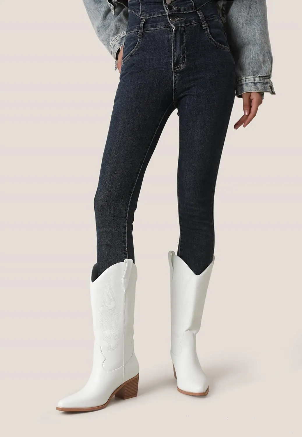 Black Cowboy Boots for Women Knee High - Women's Tall Embroidered Cowboy Boots Chunky Heel Pointed Toe Western Country Boots