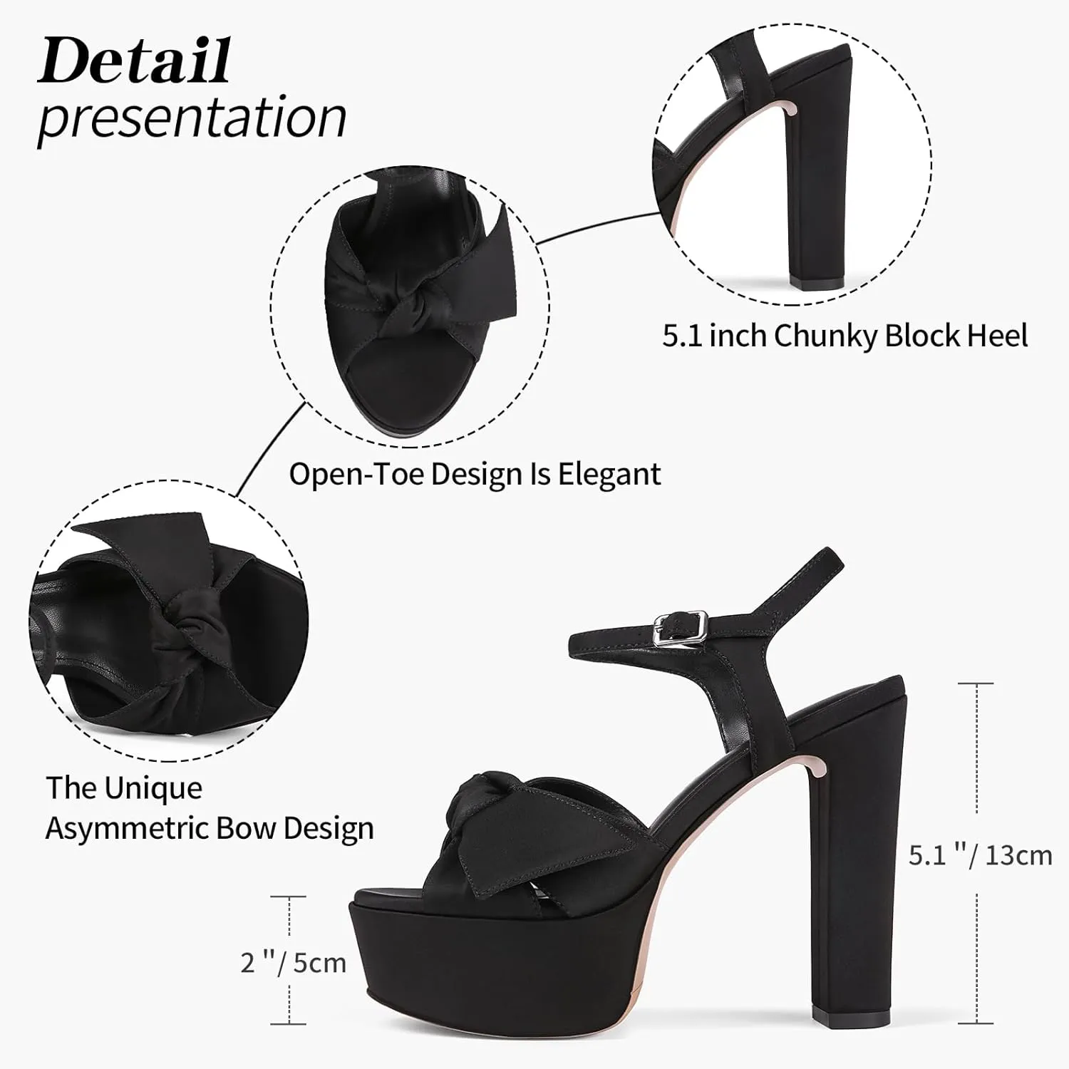 Black Platform Heeled Sandals for Women 5.1 Inch Chunky Block High Heel Womens Open Toe with Bow Ankle Strap Wedding Party Dress Sandals Shoes