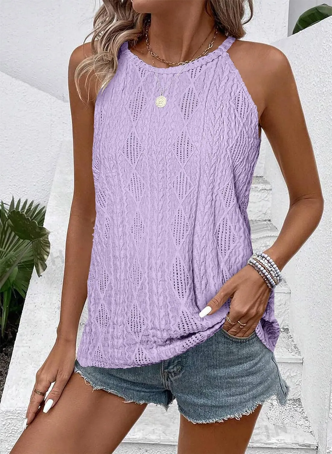 BLENCOT Tanks Tops for Women Trendy 2025 Spring Summer Casual Sleeveless Eyelet Basic Textured Halter Neck T Shirts