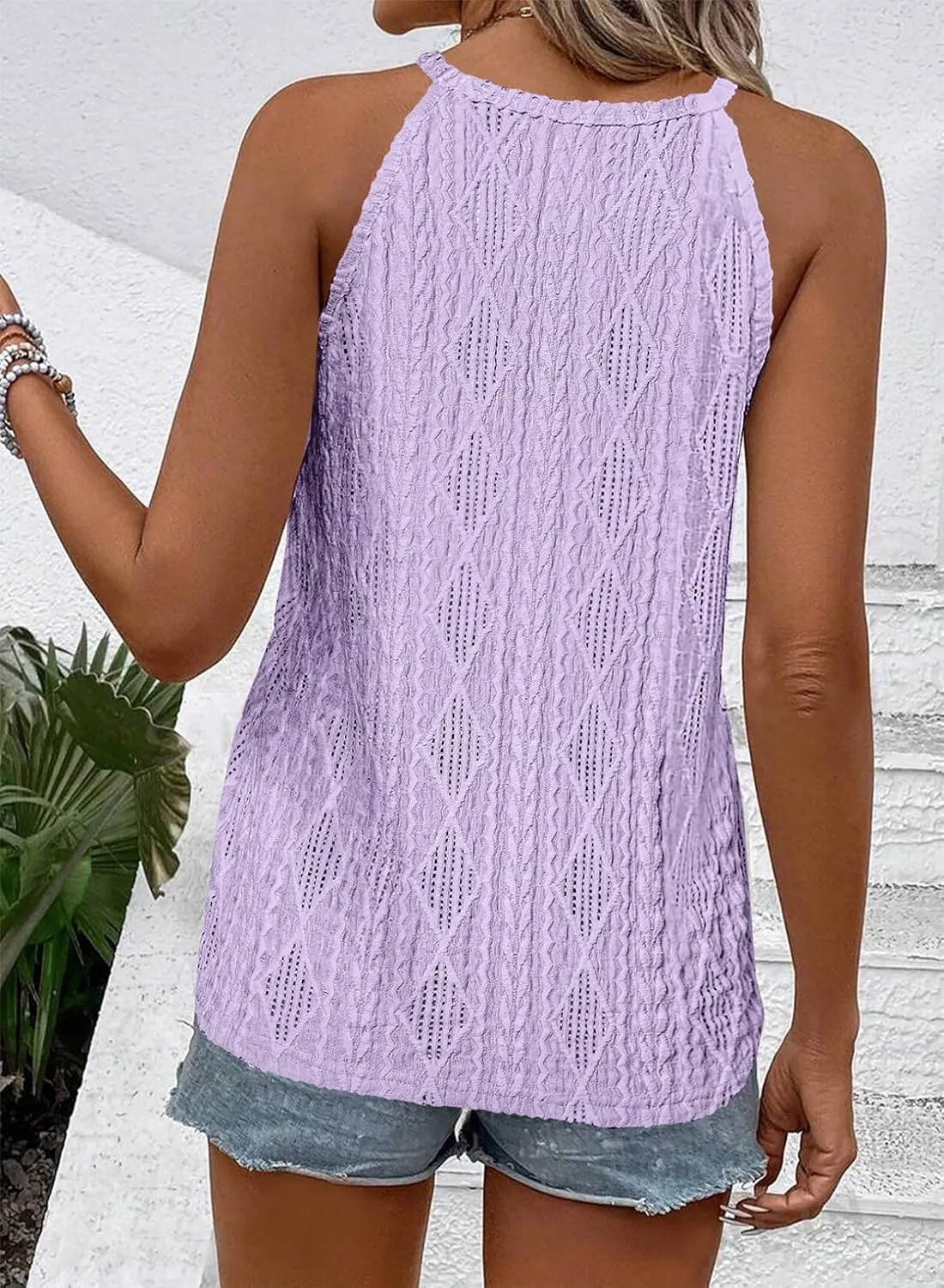 BLENCOT Tanks Tops for Women Trendy 2025 Spring Summer Casual Sleeveless Eyelet Basic Textured Halter Neck T Shirts