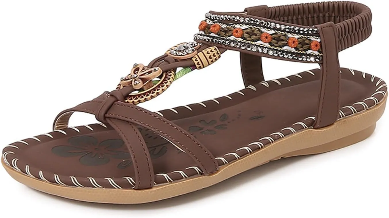 Boho Flat Sandals for Women,Ladies Summer Open Toe Beaded T-Band Elastic Strappy Slides Corked Footbed Low Heel Sandal Comfy Beach Non-Slip Casual Footwear Stylish Shoes for Daily Work