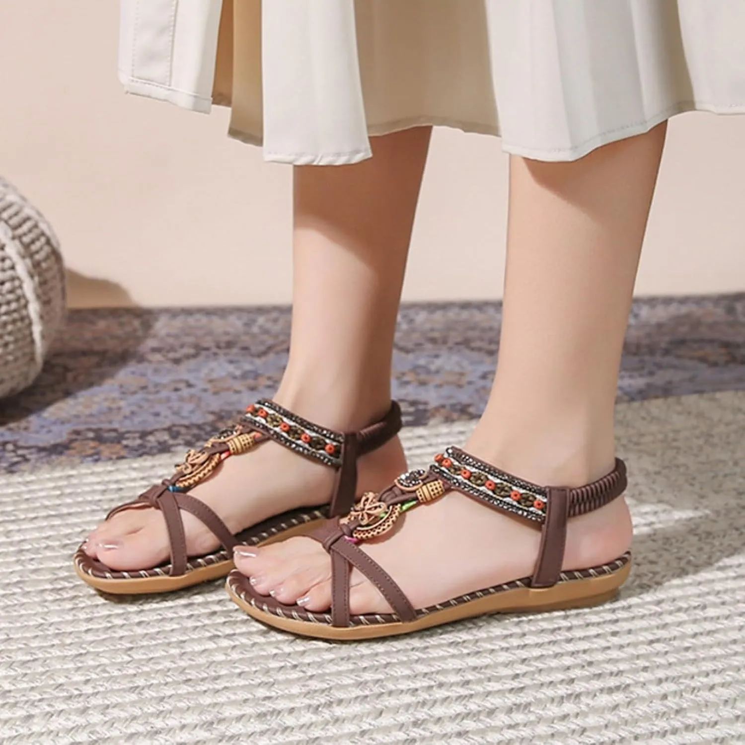 Boho Flat Sandals for Women,Ladies Summer Open Toe Beaded T-Band Elastic Strappy Slides Corked Footbed Low Heel Sandal Comfy Beach Non-Slip Casual Footwear Stylish Shoes for Daily Work