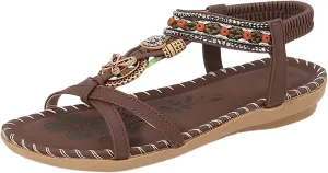 Boho Flat Sandals for Women,Ladies Summer Open Toe Beaded T-Band Elastic Strappy Slides Corked Footbed Low Heel Sandal Comfy Beach Non-Slip Casual Footwear Stylish Shoes for Daily Work