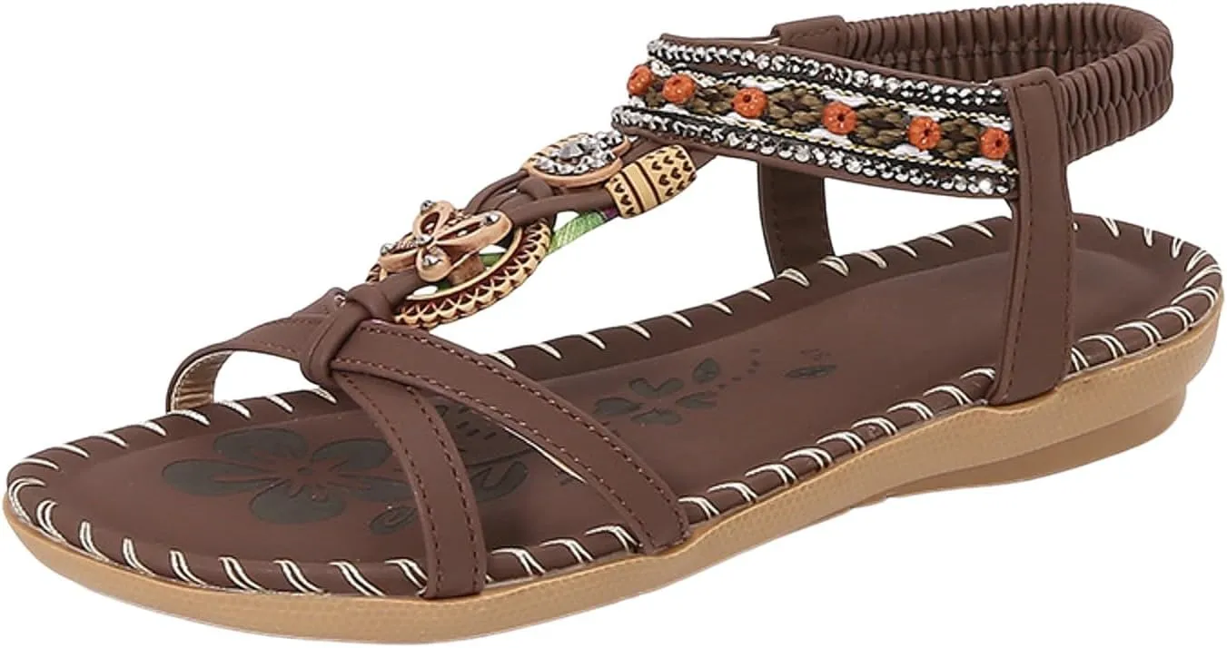 Boho Flat Sandals for Women,Ladies Summer Open Toe Beaded T-Band Elastic Strappy Slides Corked Footbed Low Heel Sandal Comfy Beach Non-Slip Casual Footwear Stylish Shoes for Daily Work