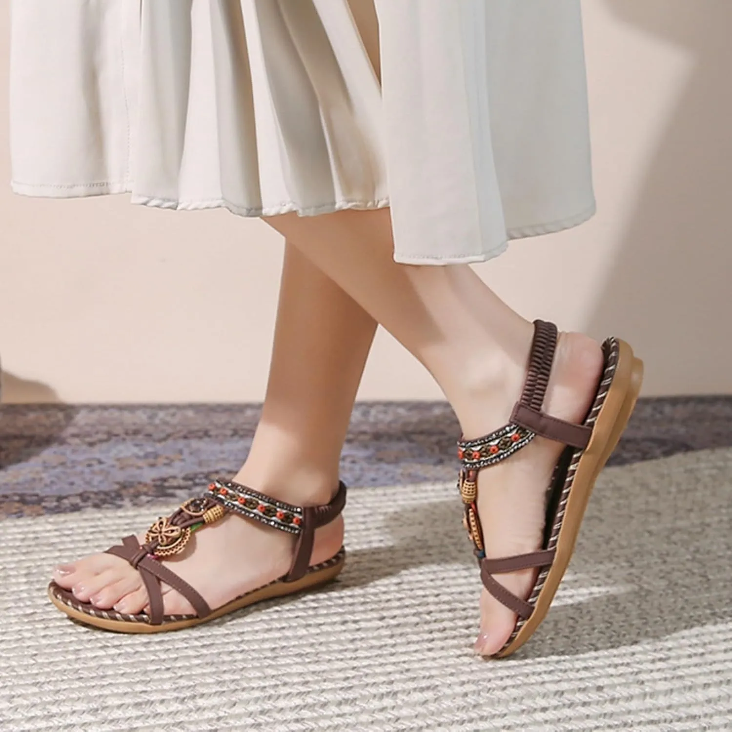 Boho Flat Sandals for Women,Ladies Summer Open Toe Beaded T-Band Elastic Strappy Slides Corked Footbed Low Heel Sandal Comfy Beach Non-Slip Casual Footwear Stylish Shoes for Daily Work