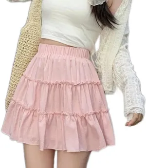 BONVEN Womens Summer Pleated Mini Skirt Elastic Waist Layer Ruffle Hem Flowy Fashion A Line Y2k Casual Short Skirt