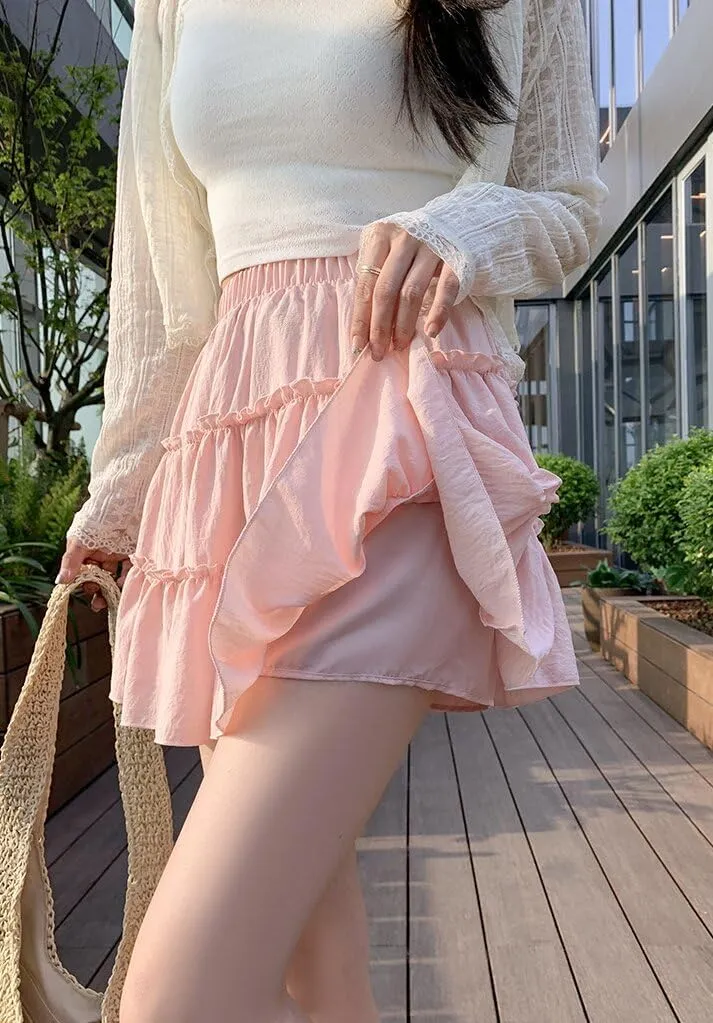 BONVEN Womens Summer Pleated Mini Skirt Elastic Waist Layer Ruffle Hem Flowy Fashion A Line Y2k Casual Short Skirt