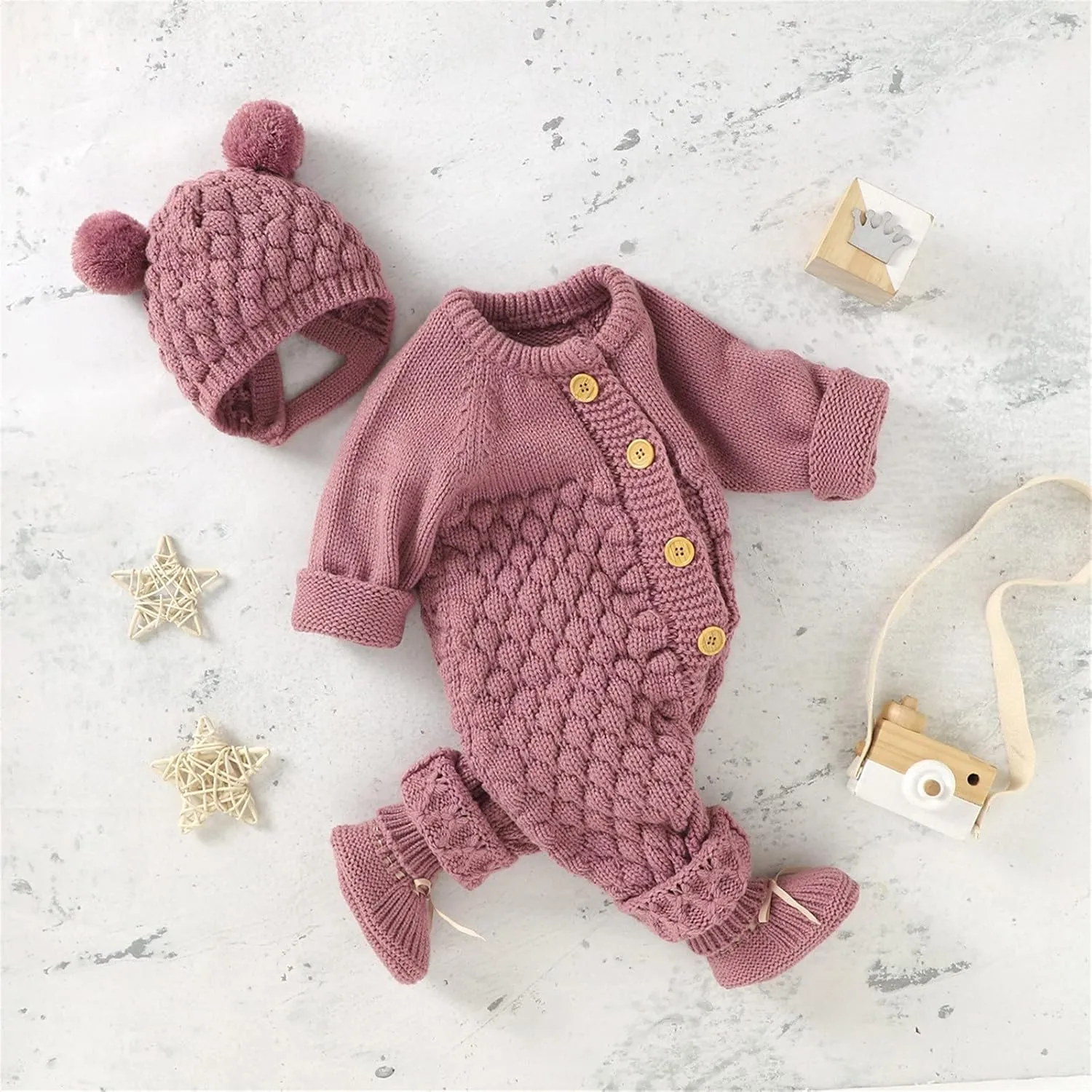 Boy Girl Knitted Sweater Romper Newborn Buttons Jumpsuit Hat 2pc Set Kids Bear Ear Jumpsuit Sweatshirts Hoodie
