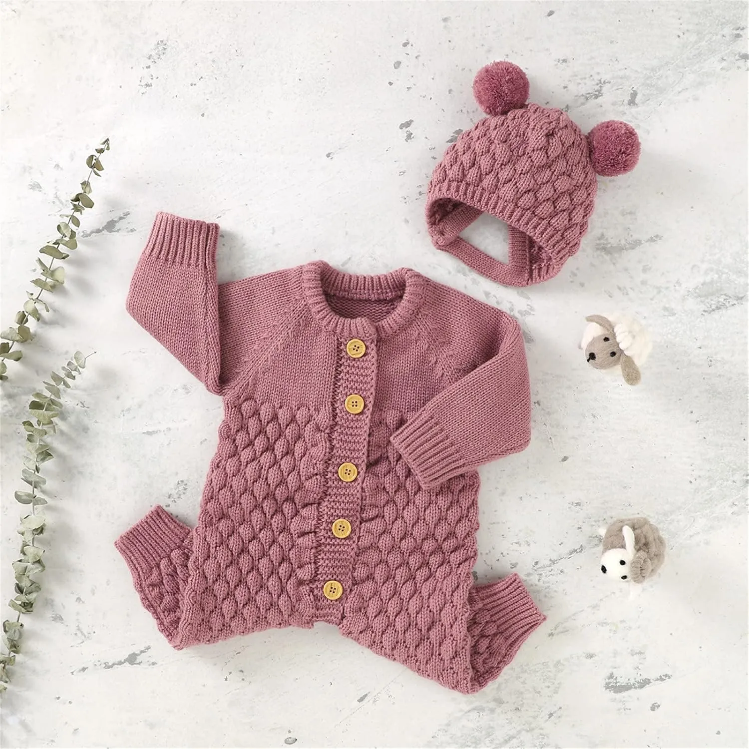 Boy Girl Knitted Sweater Romper Newborn Buttons Jumpsuit Hat 2pc Set Kids Bear Ear Jumpsuit Sweatshirts Hoodie