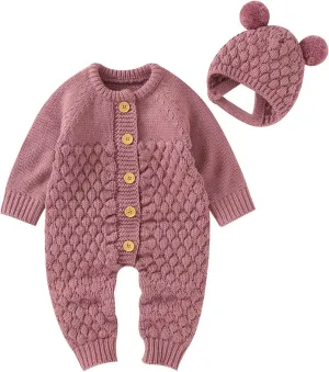 Boy Girl Knitted Sweater Romper Newborn Buttons Jumpsuit Hat 2pc Set Kids Bear Ear Jumpsuit Sweatshirts Hoodie