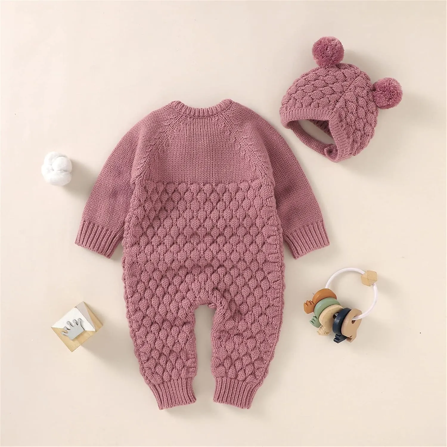 Boy Girl Knitted Sweater Romper Newborn Buttons Jumpsuit Hat 2pc Set Kids Bear Ear Jumpsuit Sweatshirts Hoodie