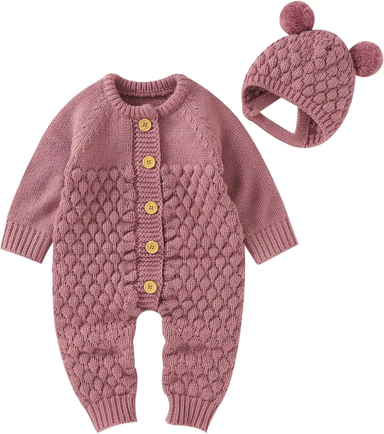 Boy Girl Knitted Sweater Romper Newborn Buttons Jumpsuit Hat 2pc Set Kids Bear Ear Jumpsuit Sweatshirts Hoodie