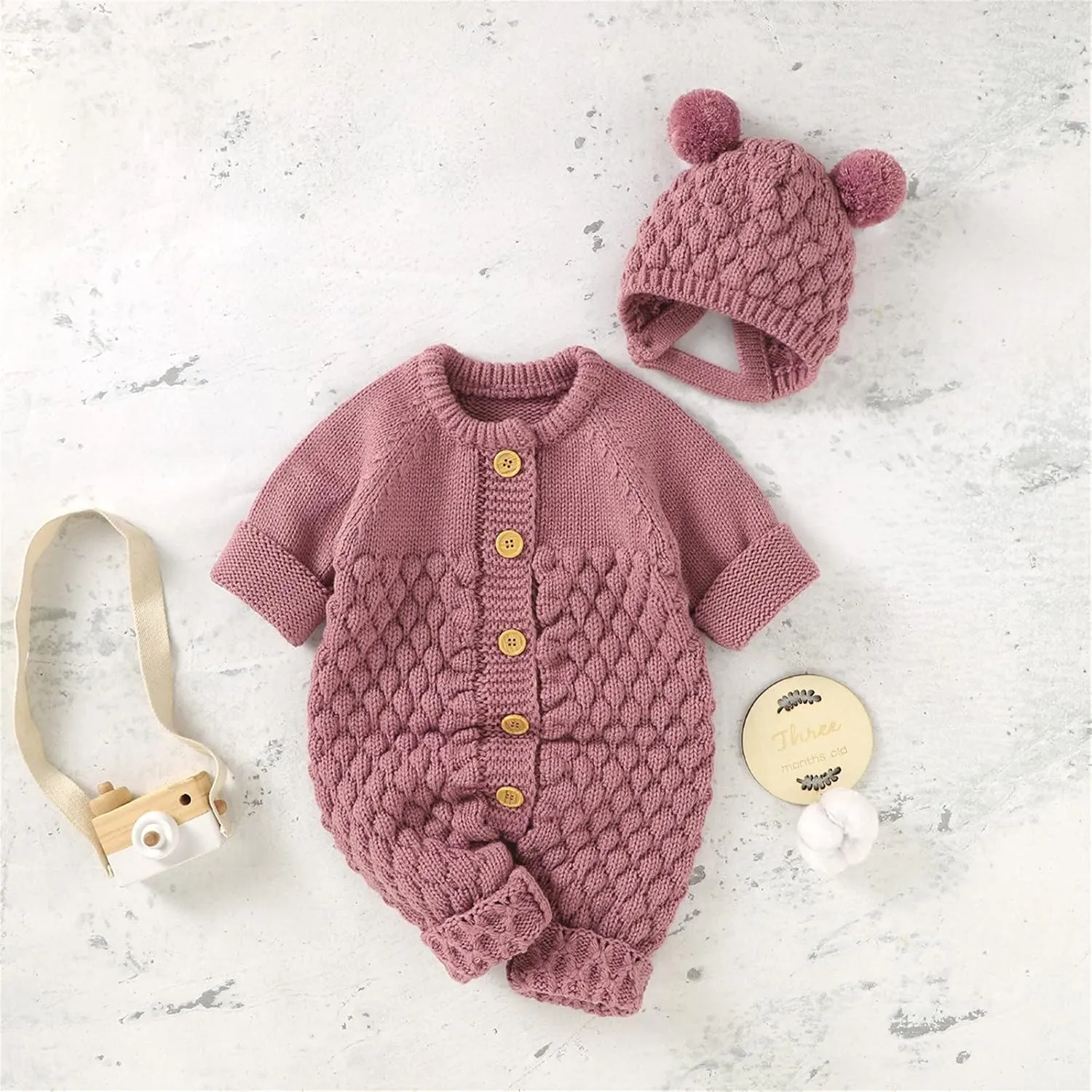 Boy Girl Knitted Sweater Romper Newborn Buttons Jumpsuit Hat 2pc Set Kids Bear Ear Jumpsuit Sweatshirts Hoodie