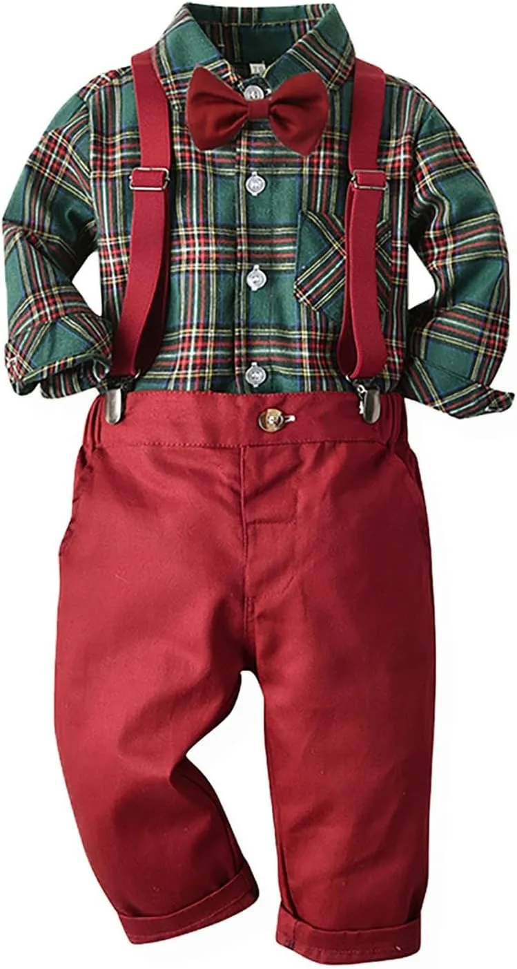 Boys Christmas Dress Suit Kids Toddler Baby Gentleman Clothes Sets Bowtie Shirts Tops Suspenders Pants Sets Outfits