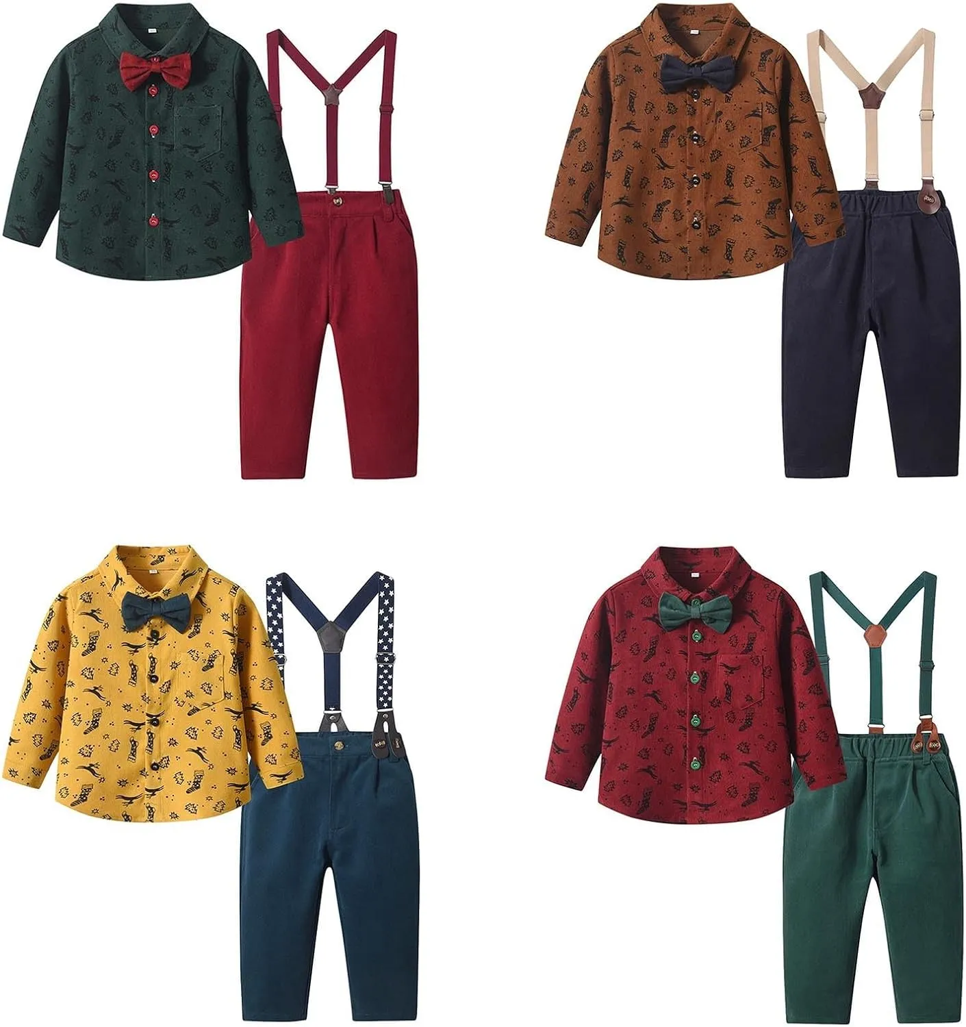 Boys Christmas Outfits Toddler Kids Gentleman Clothing Sets Long Sleeve Button Bowtie Shirts Suspenders