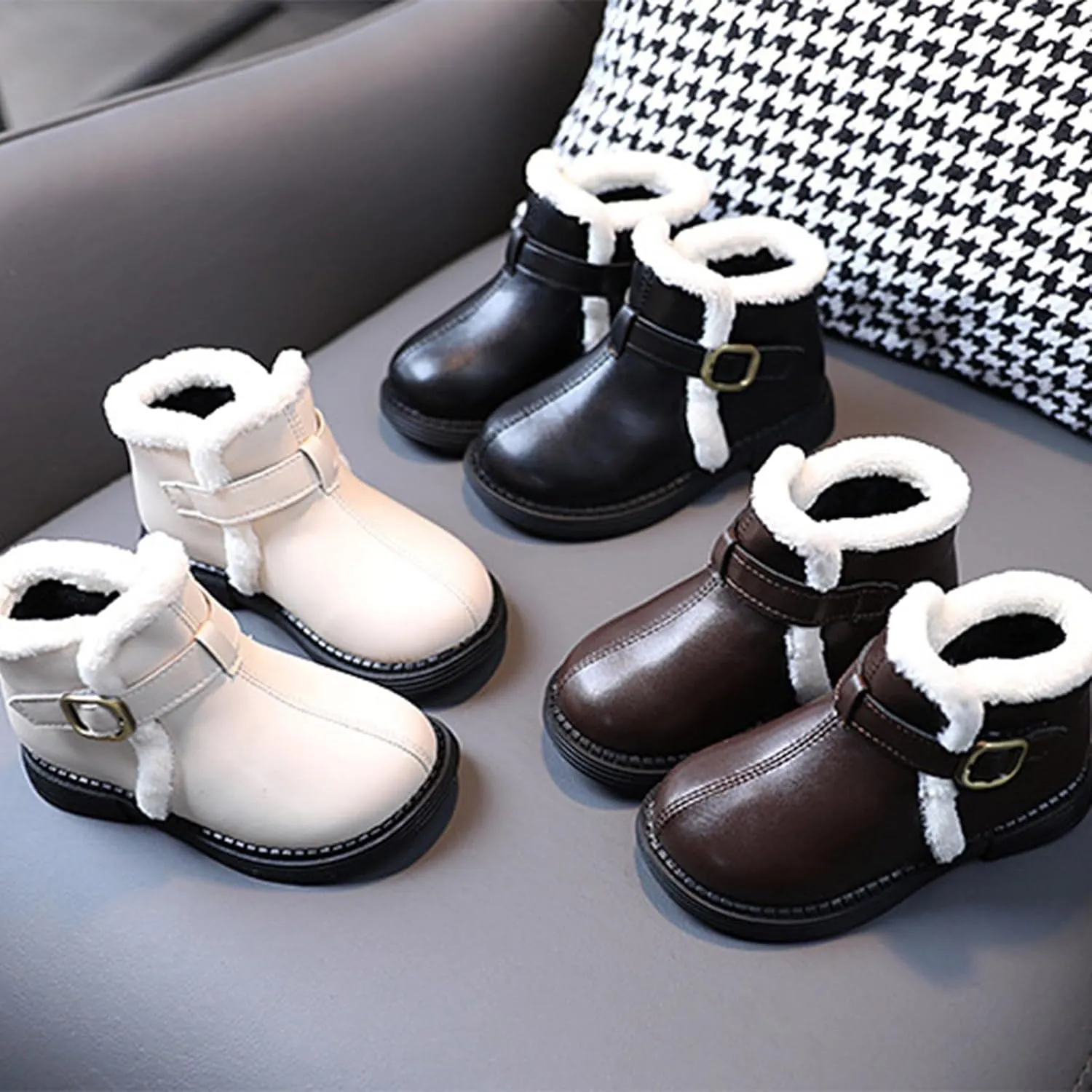 Boys Girls Winter Ankle Boots 𝐖aterproof Autumn Flat Bottom Buckle Non Slip Short Plush Slip on Shoes Outwear
