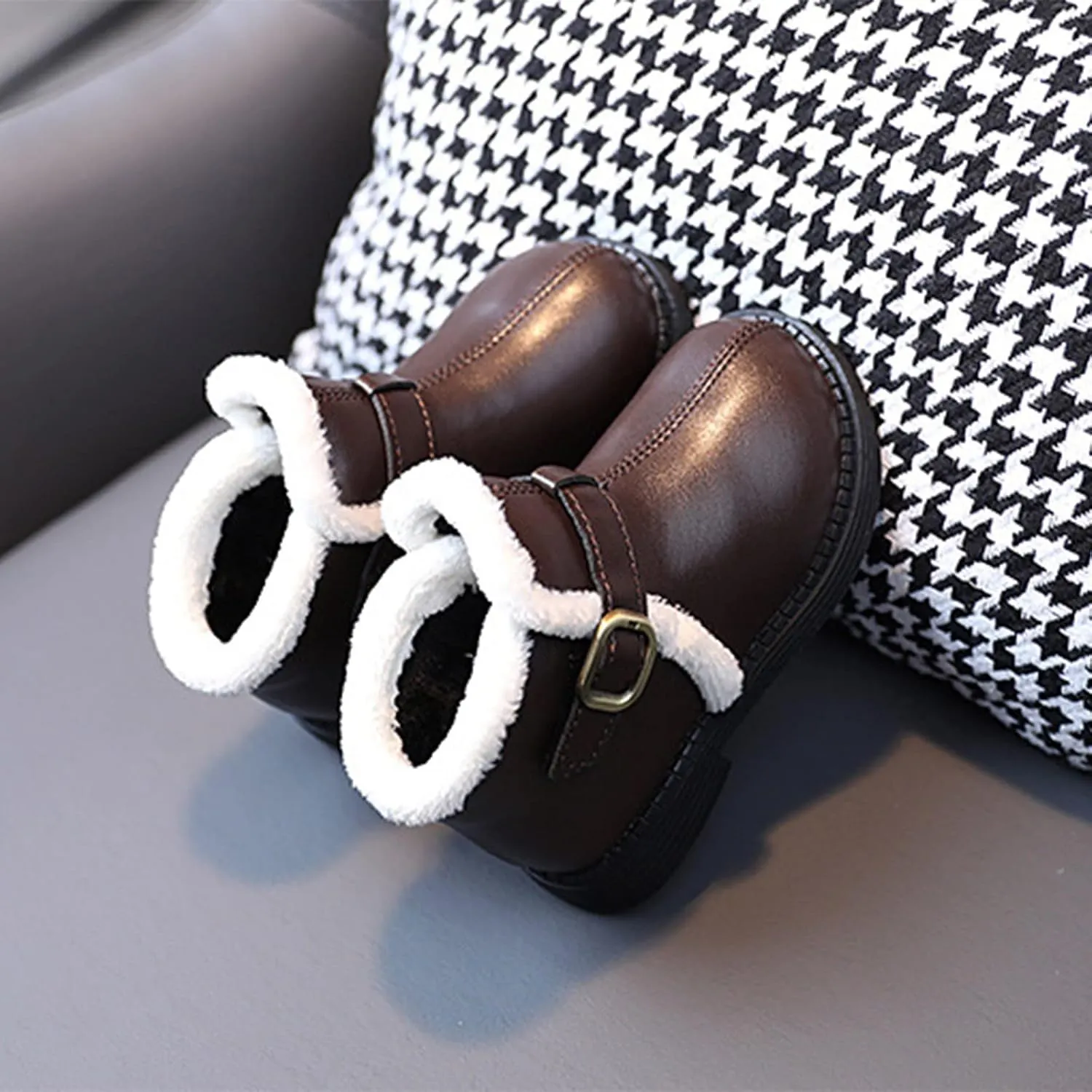 Boys Girls Winter Ankle Boots 𝐖aterproof Autumn Flat Bottom Buckle Non Slip Short Plush Slip on Shoes Outwear