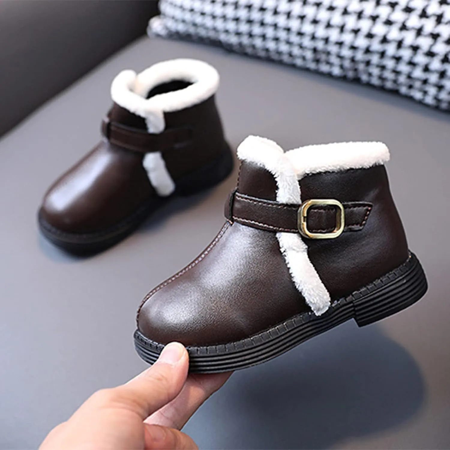 Boys Girls Winter Ankle Boots 𝐖aterproof Autumn Flat Bottom Buckle Non Slip Short Plush Slip on Shoes Outwear