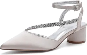 Bridal Shoes Low Heel Rhinestones Satin Strappy Wedding Shoes 4.5CM Pointed Closed Toe Women Party Ankle Strap Sandals Pumps for Prom,Champagne,9