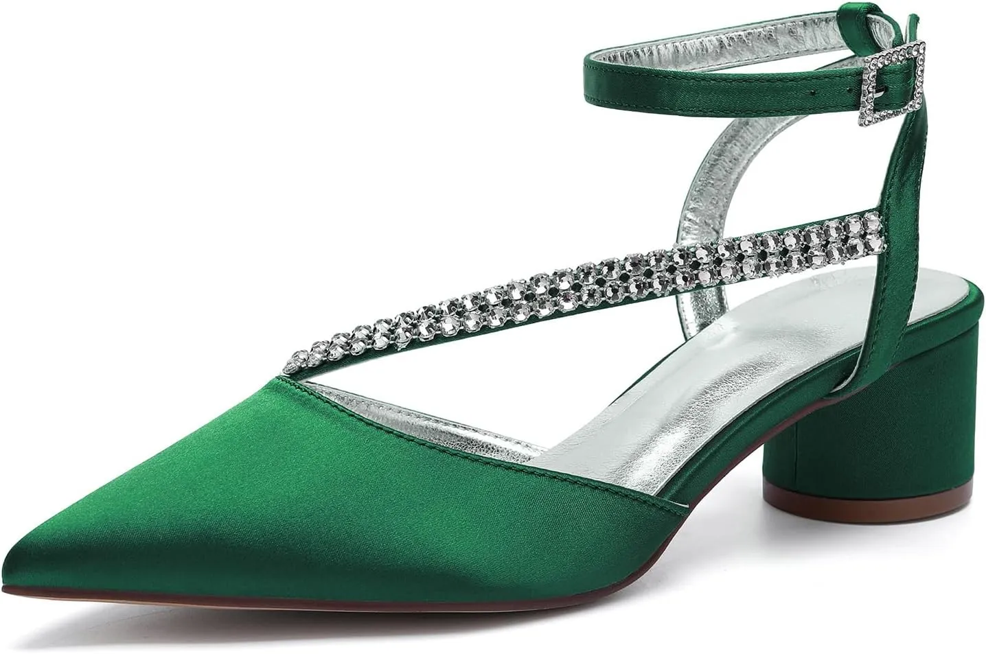 Bridal Shoes Low Heel Rhinestones Satin Strappy Wedding Shoes 4.5CM Pointed Closed Toe Women Party Ankle Strap Sandals Pumps for Prom,Dark green,10