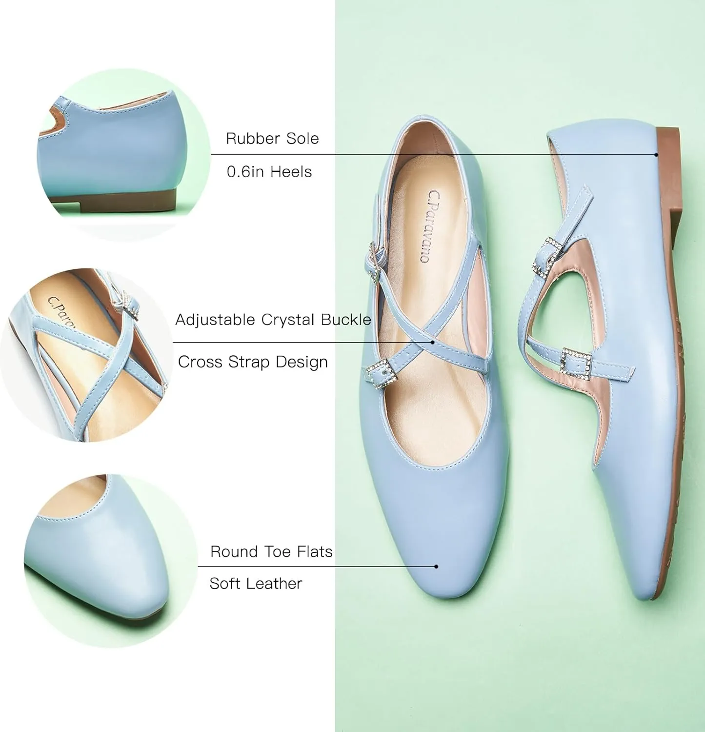 C. Paravano Women's Mary Jane Ballet Flats - Adjustable Buckle Strap,Soft Leather Almond Toe Flats for Work,Casual, Daily Wear, Wedding, Church, Office, and Travel and Driving-Stylish Women's Shoes