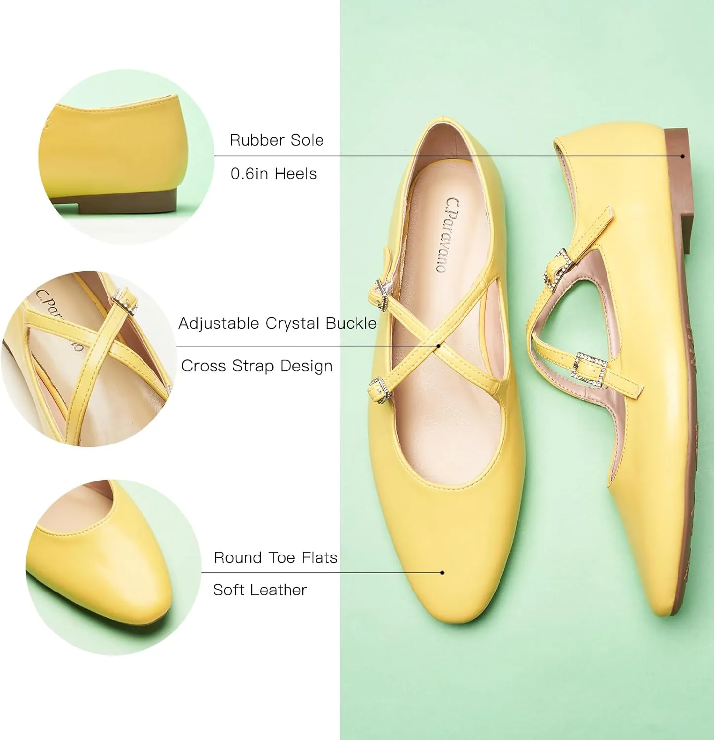 C. Paravano Women's Mary Jane Ballet Flats - Adjustable Buckle Strap,Soft Leather Almond Toe Flats for Work,Casual, Daily Wear, Wedding, Church, Office, and Travel and Driving-Stylish Women's Shoes