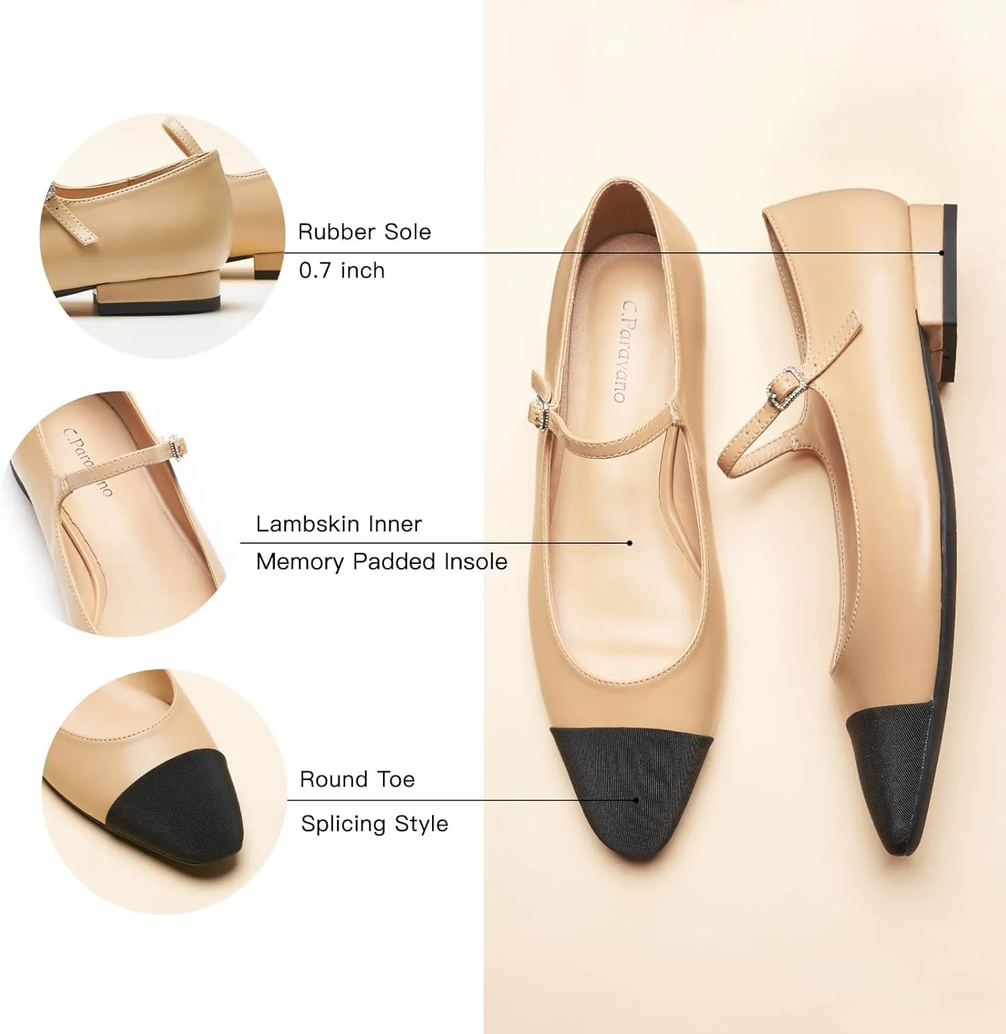 C. Paravano Women's Mary Jane Flats | Almond Toe Leather Ballet Flats with Adjustable Strap, Dressy and Casual Shoes for Office,Travel,Bridal, Church,Business Meetings & Daily Wear