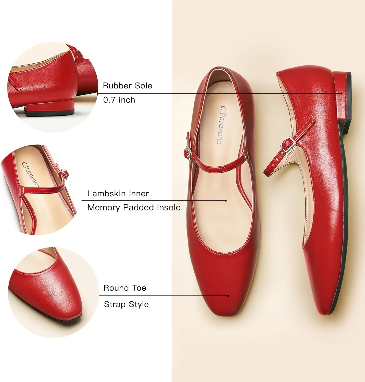 C. Paravano Women's Mary Jane Flats | Round Toe Leather Ballet Flats with Adjustable Strap, Dressy and Casual Shoes for Office,Travel,Bridal & Daily Wear