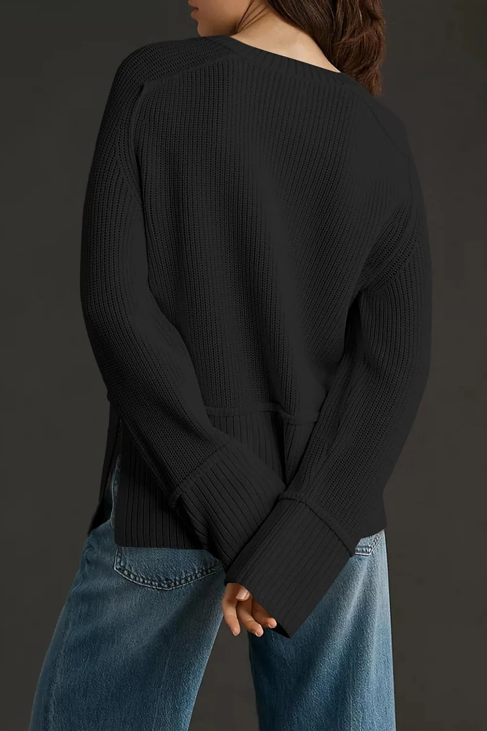Cakulo Womens Fall 2025 Knit Crew Neck Pullover Sweaters Oversized Long Sleeve Split Casual Winter Ribbed Sweater